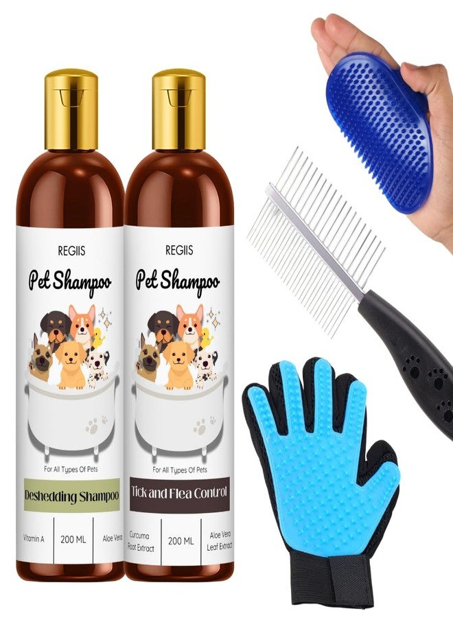 مجموعة العناية بالحيوانات الأليفة مع شامبو لإزالة الشعر الزائد، تركيبة لمكافحة القراد والبراغيث، 200 مل، عبوتان، تتضمن قفازًا للعناية ومشطًا معدنيًا (عبوة من 5 قطع) - Image 1